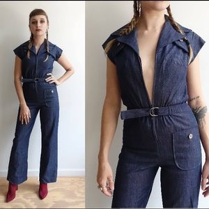 Rad 1970s Vintage Denim Jumpsuit Coveralls XS